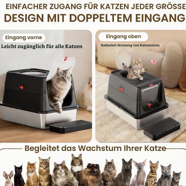 Лоток для котів BEST JAJA XXL з кришкою, нержавіюча сталь, 61.9 × 41.9 × 37 см, чорний
