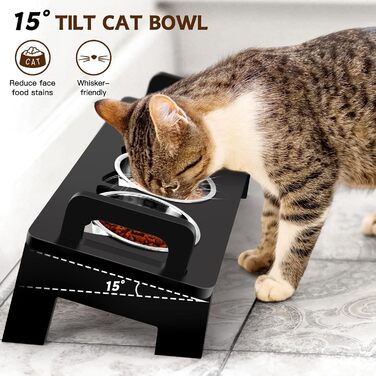 Підвищений годівниця для котів, 3 годівниці з нержавіючої сталі, нахил 15°, набір для котячого корму та води, проти блювоти, для котів, чорний
