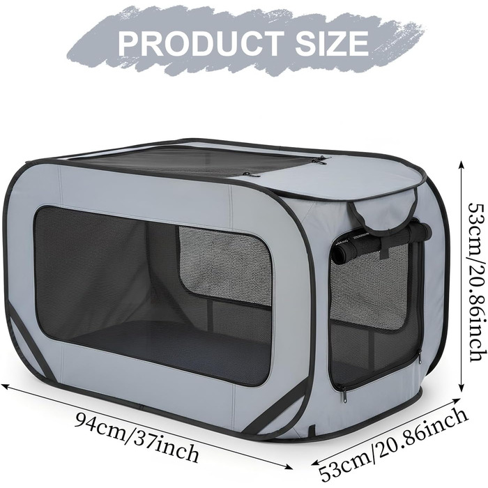 Транспортна переноска для собак та котів, сіра, 94x53x53 см, складана, з подвійними дверцятами, Oxford тканини