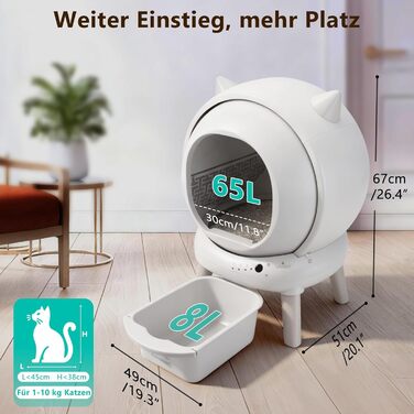 Автоматичний лоток для котів Katzenklo Selbstreinigend 73L з додатком, датчиками безпеки, захистом від запаху та моніторингом здоров'я. Підходить для кількох котів. Коврик для котячого туалету в комплекті. Колір: сірий.