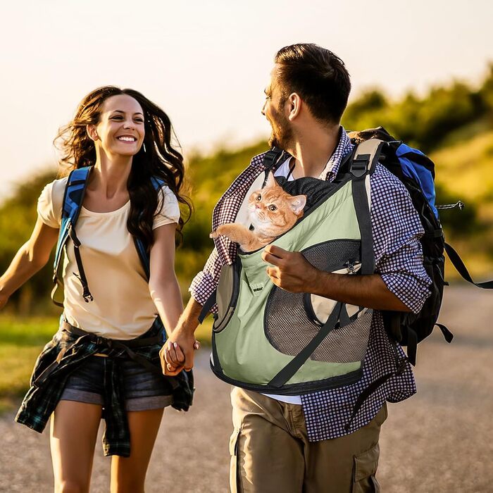 Рюкзак-переноска для тварин: котів та собак, з 2 бічними кишенями та передньою кишеню для цуценят, до 8,5 кг, регульований, з жорстким дном, для подорожей, зелений