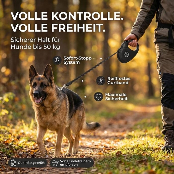Рулетка для собак HUND IST KÖNIG 8м, висувна поводок до 50 кг, чорна
