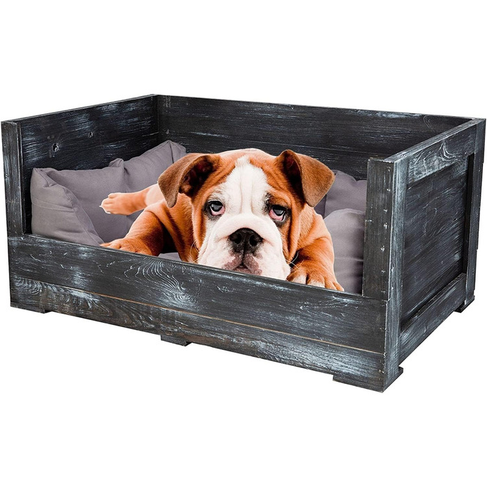 Собаче ліжко Kistenkolli Altes Land Balu з дерева з подушкою, корзина для собак, лежанка, вінтажний диван для собак, білий (90x57x45 см, Shabby Schwarz)