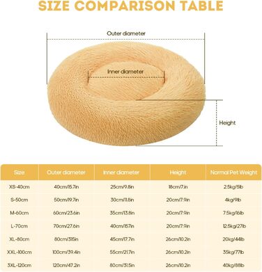Ліжко для собак Aoresac Donut, м'яке та пухнасте, XS-3XL, XXL Ø100x26см, до 30 кг, шампань