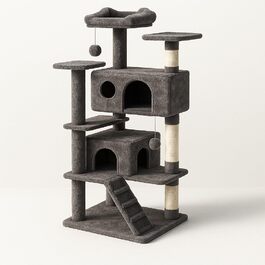 Дерев'яний комплекс для котів DUMOS з сизалевим покриттям, 135 см. Кліматична колона, кігтеточка, будиночок для котів. Активізує котів будь-якого віку (Бежевий, Темно-сірий)