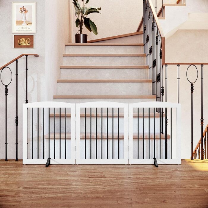 Гілка для собак HOLTICO без свердління, металево-дерев'яне, відбійник для собак, перегородка для собак, захист від сходів, відбійник для дверей, білий, 3 панелі