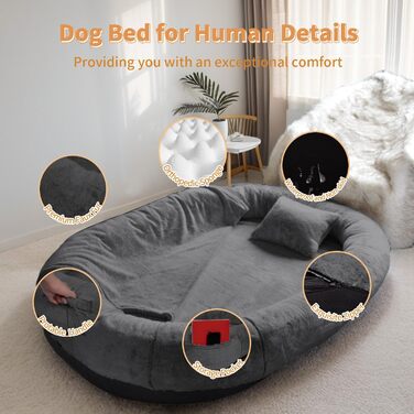 Крісло-мішок для собак та людей NESTROAD, 180x114x35 см, сірий, з штучним хутром, подушкою та ковдрою