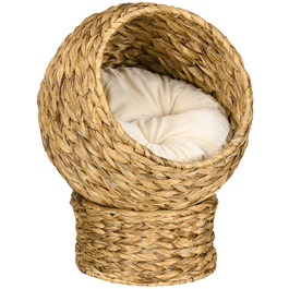 PawHut Rattan Cat Basket Ліжко для кішок з подушкою 42x33x52см з водного гіацинта, зручне & світло-коричневе для кішок
