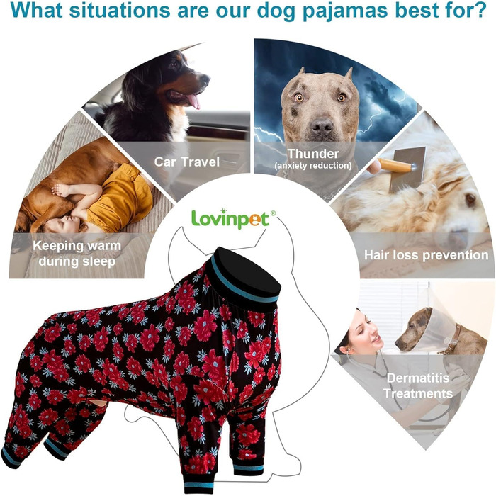 Піжама для великих собак LovinPet, розмір M, повне покриття, рожевий принт, червоно-чорний колір