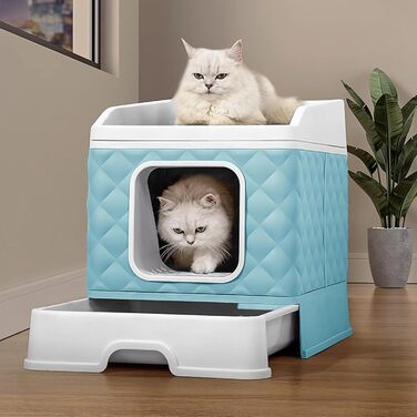 Котлован XXL для котів з кришкою – закритий лоток для котів з ящиком, килимок для дряпання та лопатка – герметичний, гігієнічний, ідеальний для великих котів (Блакитний)