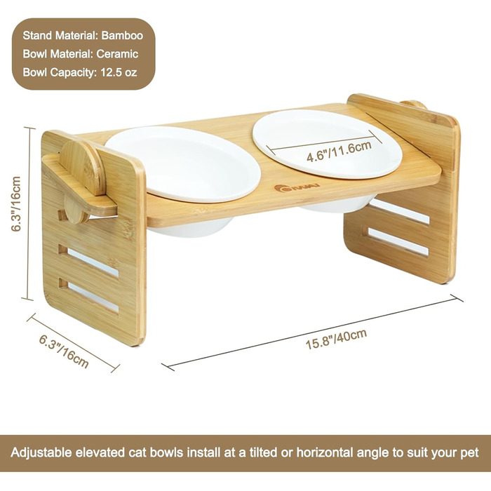 Підставка для корму для собак та котів, регульована висота, керамічна миска з бамбуковим підставкою, нахилена платформа для котів та маленьких собак (40*16)