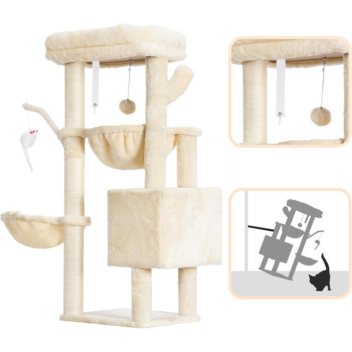 Котячий будиночок Heybly Kratzbaum: 100 см, з платформою, печерею, 2 гамаками та іграшками. Активний котячий будиночок, HCT006SW (Бежевий)