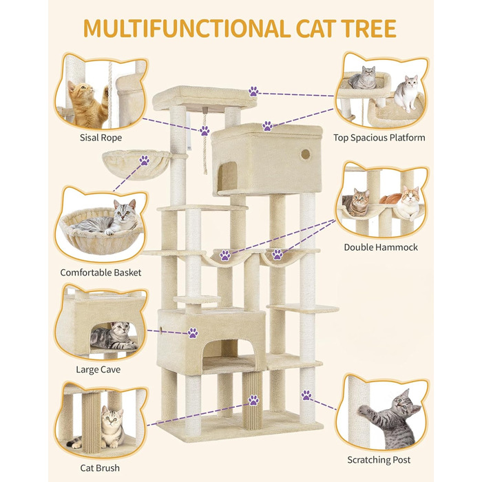 Кігтеточка Hzuaneri XXL 200 см з 10 стовпчиками, 2 печерами, 2 гамаками, великою платформою, щітками для котів, кошиком. Підходить для Maine Coon та великих котів (Бежевий)