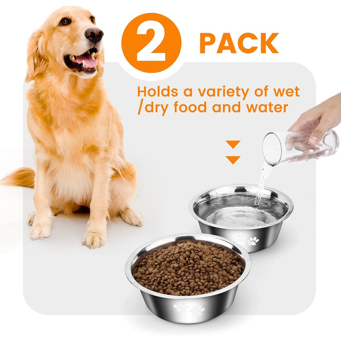 PETTOM Миски для собак з нержавіючої сталі, 2 шт. (3120 мл), миски для корму для собак великих, середніх та маленьких порід, миски для води для собак, антиковзкий силіконовий низ, розмір M - 21 см, сріблясті