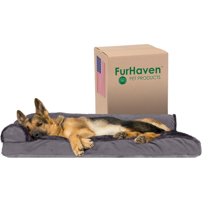 Крісло-лежанка для собак великих порід FurHaven з підголовником та знімним чохлом, плюш та оксамит, L-подібне, сірий колір, Jumbo/XL, 102 x 81 x 20 см