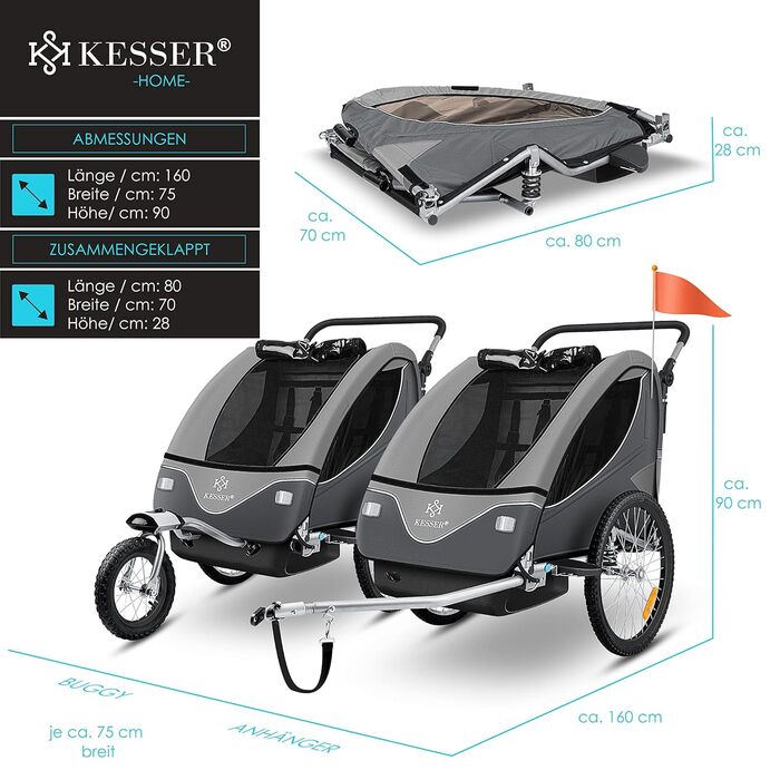 Дитячий велопричіп KESSER® 2в1 з поворотним механізмом 360° та амортизацією. Підходить для 1-2 дітей (до 40 кг). З п'ятиточковим ременем безпеки та сигнальним прапором. Колір: світло-сірий.