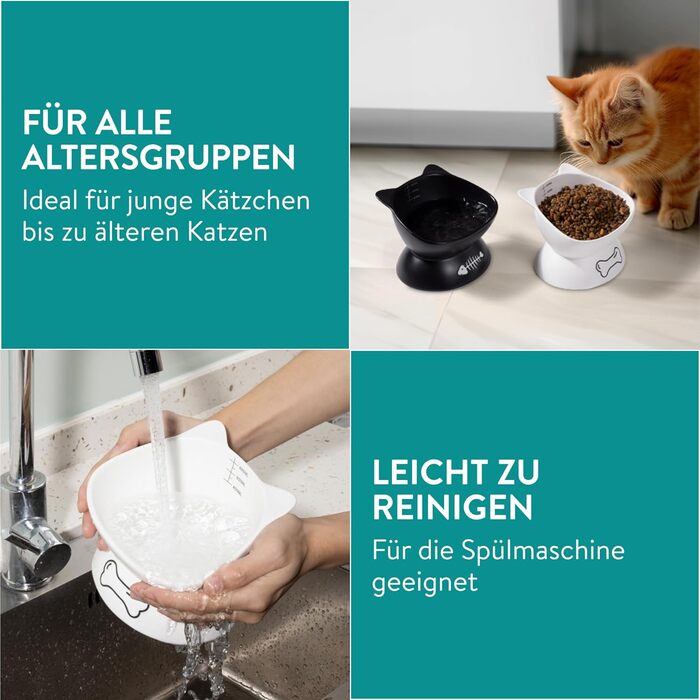 Набір мисок для котів Navaris: 2 миски по 400 мл з позначеннями об'єму, піднята годівниця, кераміка, стильний дизайн