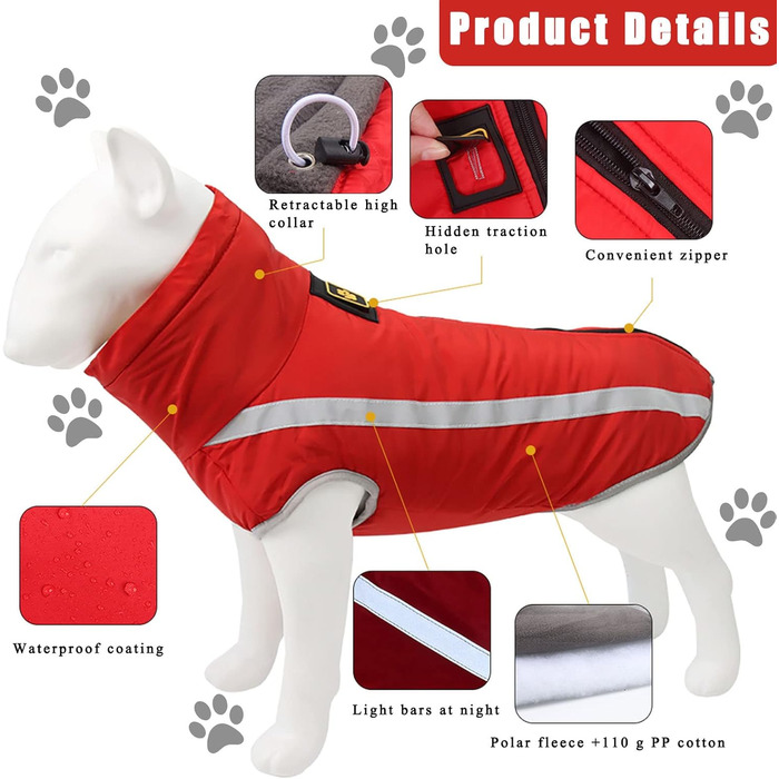 Зимова куртка для собак, тепла водонепроникна куртка для середніх та великих собак. Підходить для Лабрадорів, Бульдогів, Самоедів. З флісовою підкладкою та світловідбиваючими елементами. Розмір 6XL/68см, червоний колір