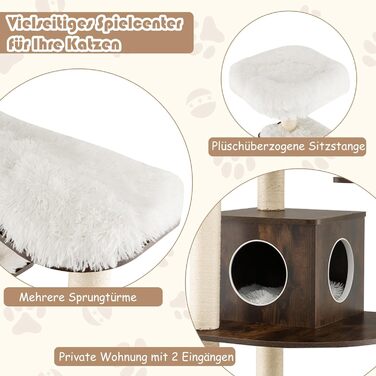 Кліматичний комплекс для котів GOPLUS Katzenbaum 175см, 6 платформ, будиночок з дерева, когтеточка, ігровий комплекс, меблі для котів (Коричневий)