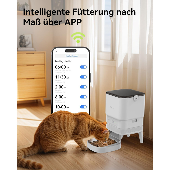 Автоматичний годівник для котів з Wi-Fi, 4L, керування через додаток, 10s запис голосу, для котів та собак (білий)