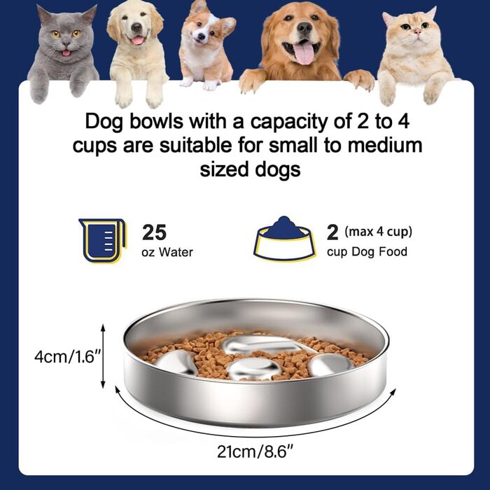 Миска для собак зі нержавіючої сталі, Slow Feeder, Ø 21 см, протиковзна, для повільного годування, проти запобігання поглинання, для полегшення травлення, проти газоутворення, колір 1