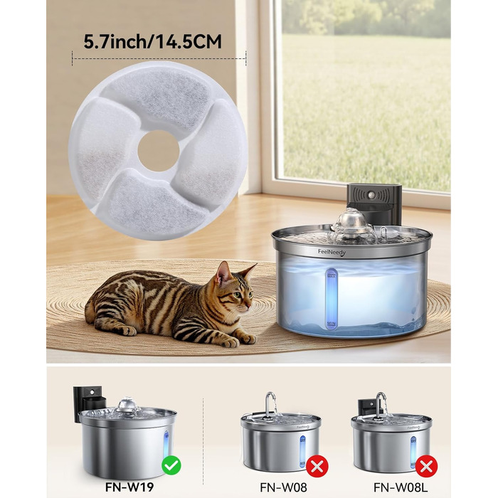 Турнік для котів та собак Edelstahl Kabellos з датчиком рівня води, 3,5L | FEELNEEDY [FN-W19] – Бездротовий фонтанчик з акумулятором 4000mAh, 3 режими роботи, фільтр з активованого вугілля (6 шт.)