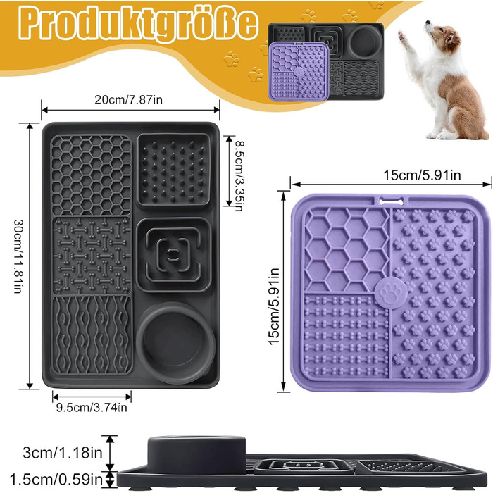 Матиця для собак 2 шт. з шпателем, лижуча килимок для собак та котів з присосками для купання, догляду за шерстю, тренувань, годівлі, повільне годування, зменшення тривоги, іграшка для собак (чорний+фіолетовий)