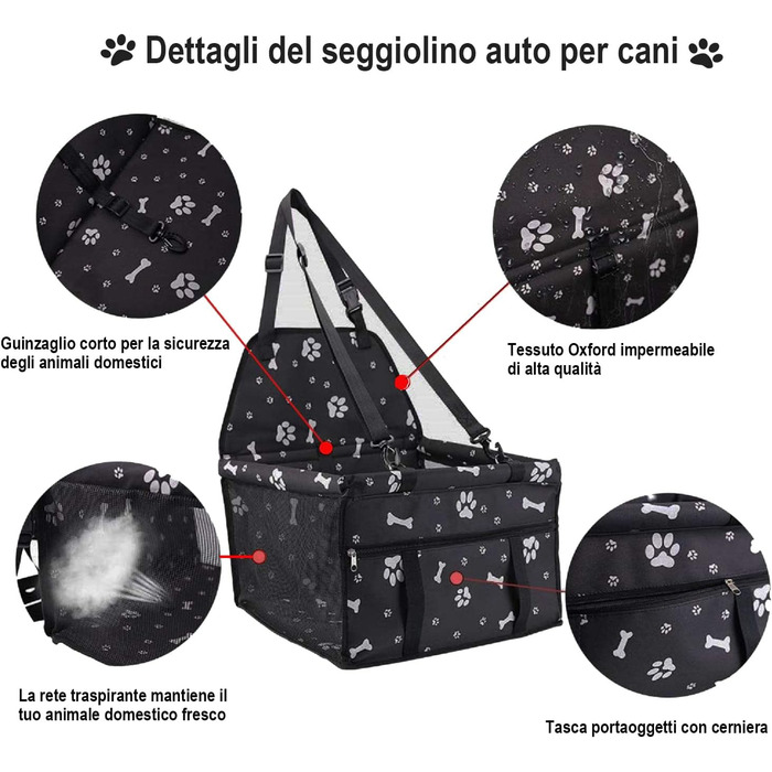 Автомобільний сидіння для собак на переднє пасажирське місце - чорний, з принтом лап, з ременем безпеки, водонепроникний, складна подушка