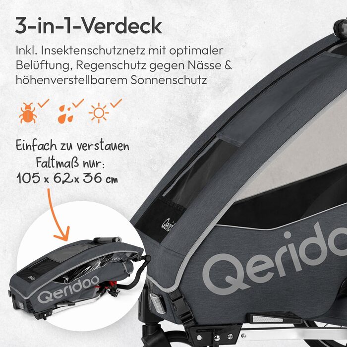 Причіп для велосипеда Qeridoo QUPA 1 з листковою підвіскою, складною кабіною, розширюваним сидінням, візок-причіп, регульована ручка, 5-точкова система ременів безпеки, для 1 дитини (Сірий)