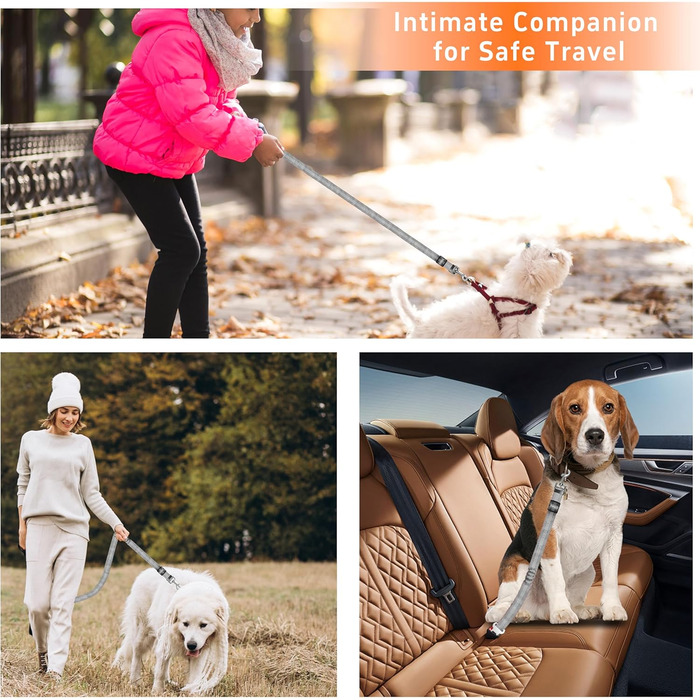 Автомобільний нашийник-пояс для собак Seyezo з автофіксатором, 3 шт. в наборі, регульований, світловідбиваючий, для кріплення до підголівника, рожевий (сірий)