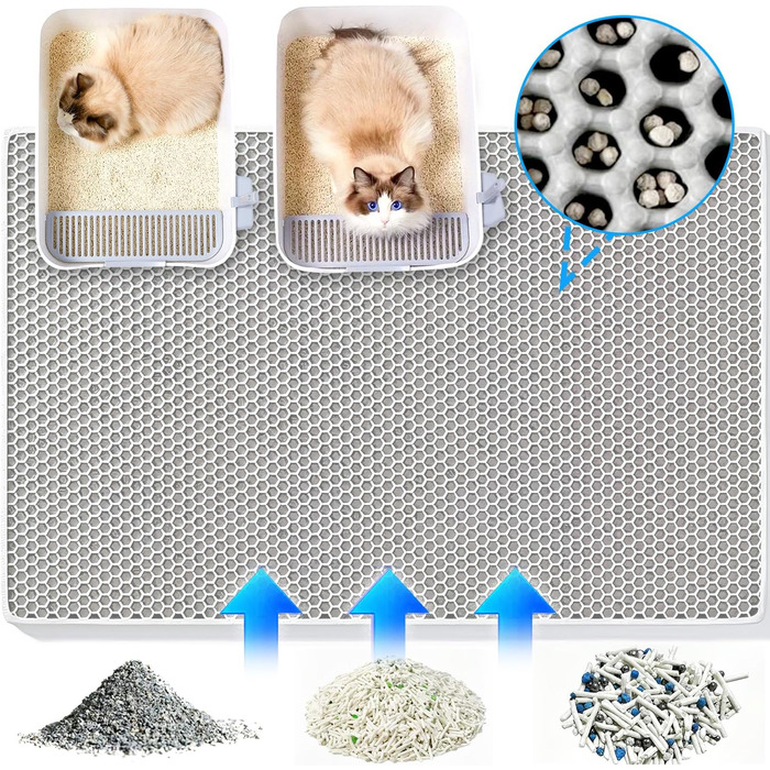 Килимок для котячого туалету 90x60 см, двошаровий, нековзний, з дизайном стільових сот, EVA матеріал, сірий