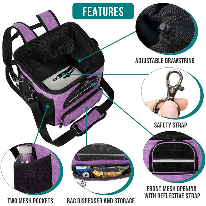 PetAmi Корзина для собак на велосипед, м'яка, з вентиляцією, рюкзак-переноска для собак, корзина на кермо велосипеда, для цуценят, котів, кішок, автокрісло з ременями безпеки (сірий) (фіолетовий)