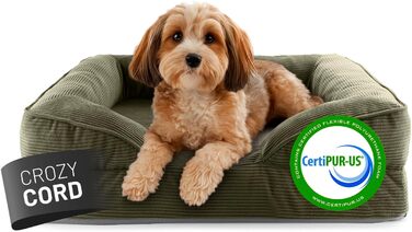 Ортопедичне ліжко для собак Lumaland з корду | зручне собаче ліжко-софа 70x60 см - для маленьких собак | неслизьке дно | знімний та миючий чохол | собаче гніздо з Memory Foam Cord - оливковий 70 x 60 см - розмір S