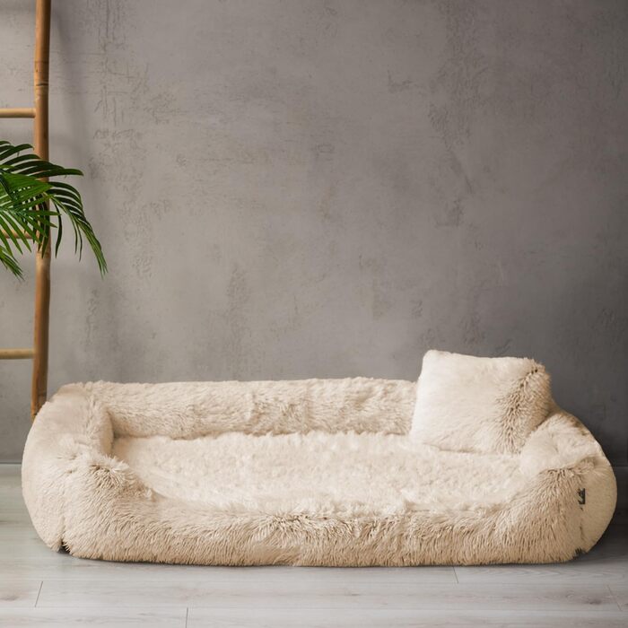 Ортопедичне ліжко для собак Tierlando® Pedro Shaggy – м'яке, пухнасте знімний ортопедичний матрац, знімний чохол, розмір 160x110 см, колір: бежевий