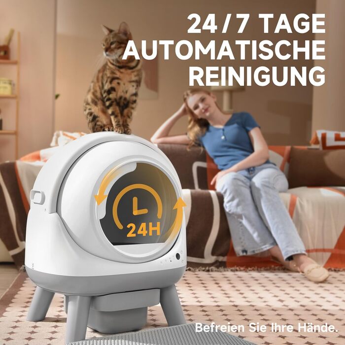 Автоматичний лоток для котів ELS PET з самоочищенням, захистом від розльоту, керуванням через додаток, без запаху, з килимком для котячого туалету та пакетами для сміття (для кількох котів) (Чорний та Сірий) (Білий Сірий)