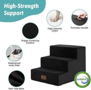 Сходинка для собак, 3 ступені, для ліжка, дивана, авто, 5 см, знімний чохол (60x5x5 см, чорний)