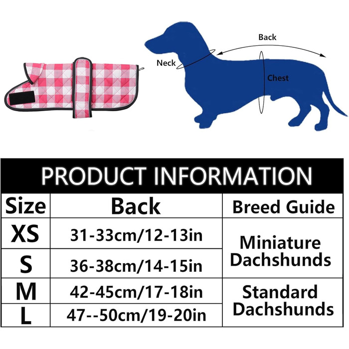 Водонепроникний собачий плащ Geyecete для такс, зимовий, з флісовою підкладкою, регульований, для вулиці, розмір M (довжина спини 42-45 см), в клітинку, рожевий