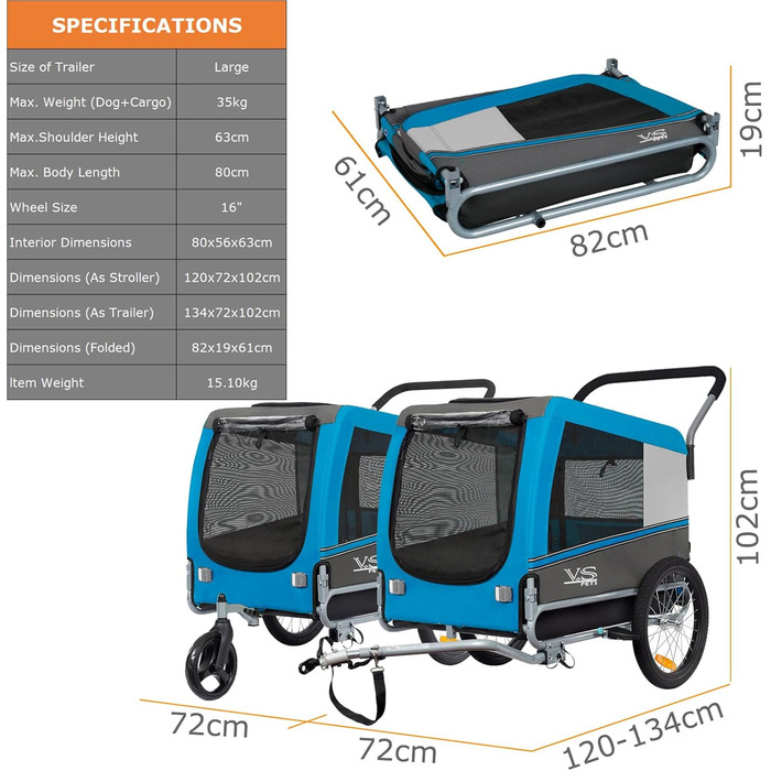 Візок для собак Tiggo VS Pets 2-в-1: візок та велосипедний причіп, блакитний, об'єм 270 л, до 35 кг