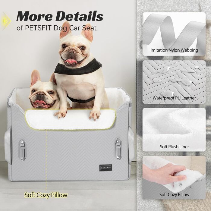 Автокрісло для собак Petfit, сіре та біле, для маленьких собак, з фіксатором ременя безпеки, автокорзина, автоліжко, знімні чохли