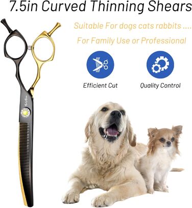 Професійна вигнута ножиця для грумінгу домашніх тварин 7.5 дюймів, 56 зубів, кут вигину 25°, золота, преміум-якість