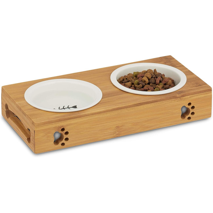 Підставка для миски Reaxdays з бамбука для котів, керамічна миска для води та корму, безпечна для миття в посудомийній машині, натуральний дизайн
