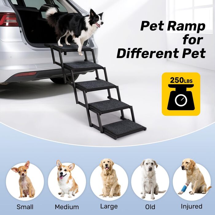 Сходинка для собак у машину, складна, до 113 кг - 5 сходинок, антиковзка, сіра (метал/тканина)