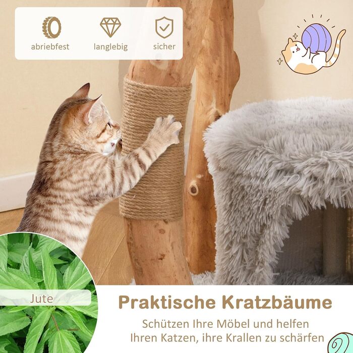 Дерев'яний кігтеточка для котів COSTWAY 124 см з будиночком, м'яким сидінням та платформою, кігтеточний стовпчик з джуту, кігтеточка-вежа для котів, масивне дерево, сірий колір, 3 стовпчики