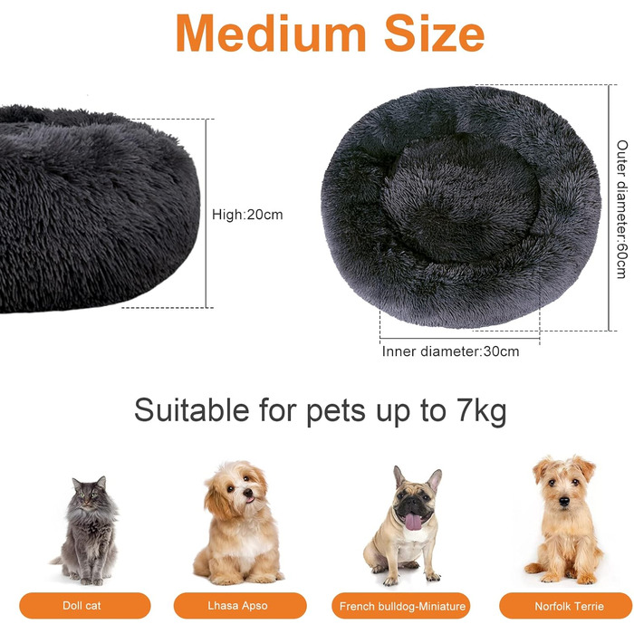Заспокійливе ліжко для собак знімний чохол, миється, анти-тривожне, м'яке, кругле, пухнасте, 80 см, темно-сірий Ø 80 см (XL) (80 x 80 x 20 см)