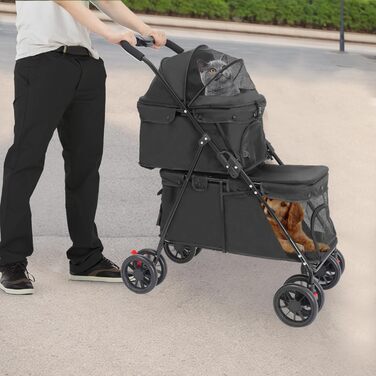 Двошаровий візок для домашніх тварин з сітчастим вікном, гальмом та сумкою для зберігання. Складаний двоярусний візок для собак та котів, вантажопідйомність 15-20 кг (Чорний)