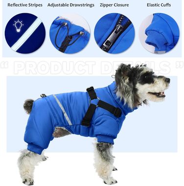 Водонепроникний теплий зимовий одяг для собак середніх порід - теплий комбінезон Onesie з шлейкою, зимова жилетка, теплий пуловер для собак з кільцями D (Синій, M)