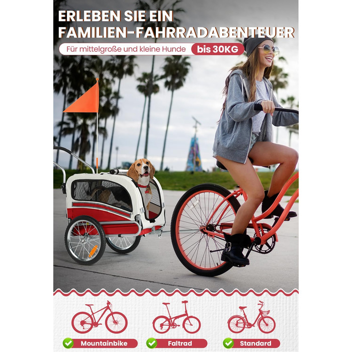 SEPNINE® Причеп для собак на велосипед, 2-в-1, для тварин до 30 кг, червоний