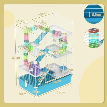 Клітка для хом'яків PawHut 6 поверхів, 58 x 36 x 81 см, блакитна