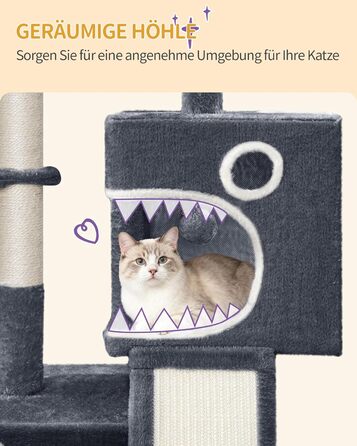 Дерево для котів Hzuaneri, 98 см: стійка конструкція, велика платформа, іграшкові м'ячики, печери, стовпчики для дряпання, дощечка для дряпання, темно-сірий MS10118SG