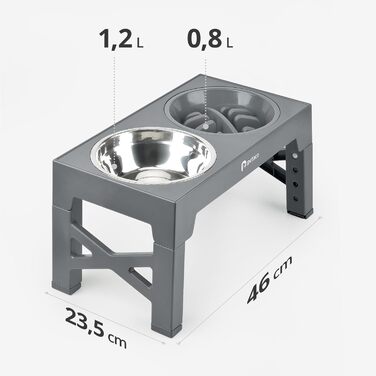 Підвищений годівниця для собак Petace з нержавіючої сталі, 2x1.2L та 0.8L, миска для води без обливання, 5 рівнів висоти, сірий